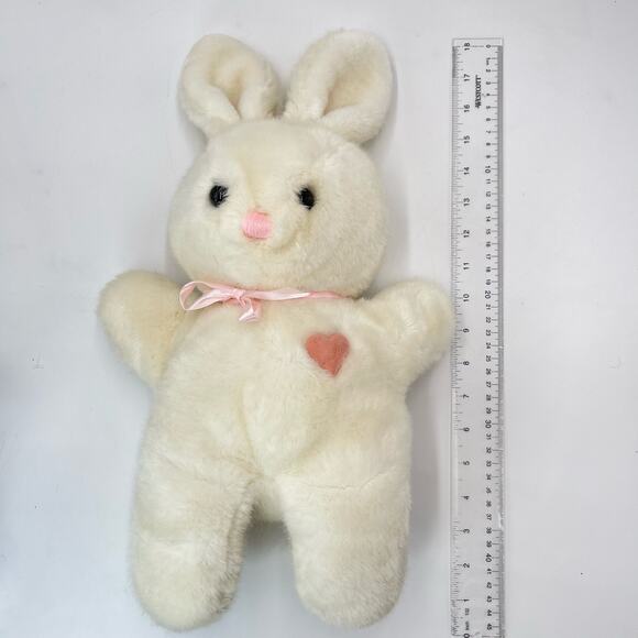 18" Vintage 1984 Dakin White Heart Throb Bunny Plush Pink Ribbon Flat Rabbit - Picture 4 of 10